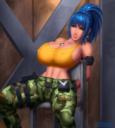 Rule 34 | 1girl, bdsm, bondage, bound, breasts, cameltoe, chair, cleavage, covered erect nipples, dog tags, highres, huge breasts, leona heidern, lips, makeup, navel, pants, pink lips, sideboob, sitting, snk, svoidist, tagme, tank top, the king of fighters, thick thighs, thighs, web address