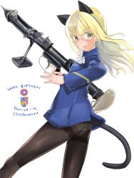 Rule 34 | 1girl, animal ears, anti-materiel rifle, aohashi ame, ass, black pantyhose, blonde hair, cat ears, cat tail, crotch seam, flat ass, glasses, gun, happy birthday, highres, holding, long hair, military, military uniform, panties, panties under pantyhose, pantyhose, perrine h. clostermann, rifle, sniper rifle, solo, strike witches, tail, thighband pantyhose, underwear, uniform, weapon, white panties, world witches series, yellow eyes
