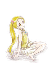 Rule 34 | 1girl, adapted costume, arm support, barefoot, blonde hair, closed mouth, cosplay, cure lemonade, cure lemonade (cosplay), full body, hair ornament, kasugano urara (yes! precure 5), leaning back, long hair, looking at viewer, miniskirt, nita (onakatohoppe), pleated skirt, precure, shirt, simple background, sitting, skirt, sleeveless, sleeveless shirt, smile, soles, solo, sweatdrop, very long hair, white background, white skirt, yellow eyes, yellow shirt, yes, yes! precure 5