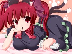 Rule 34 | 1girl, alternate hairstyle, animal ears, bad id, bad pixiv id, breasts, cat ears, cat girl, cat tail, eating, extra eyes, female focus, food, food in mouth, kaenbyou rin, kuromari (runia), large breasts, lying, mouth hold, on stomach, pocky, red eyes, red hair, solo, tail, touhou, twintails