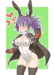 Rule 34 | 1girl, animal ears, black gloves, black thighhighs, blue eyes, blush, breasts, cape, cleavage, clenched teeth, collar, cosplay, covered navel, cowboy shot, fake animal ears, fate/grand order, fate (series), gloves, hair between eyes, hairband, imura (shiro maru), leotard, long hair, looking at viewer, mary read (fate), mary read (fate) (cosplay), medium breasts, nose blush, original, playboy bunny, ponytail, purple hair, rabbit ears, rabbit tail, shiro maru, solo, sweatdrop, tail, teeth, thighhighs, white leotard, wrist cuffs