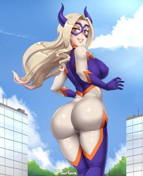 Rule 34 | 1girl, ass, blue sky, bodysuit, boku no hero academia, breasts, building, city, cloud, commentary, day, from behind, giant, giantess, grin, highres, horns, large breasts, long hair, looking at viewer, looking back, mount lady, outdoors, pink eyes, platinum blonde hair, sky, smile, mount lady, thick thighs, thighs, twitter username, twrlare