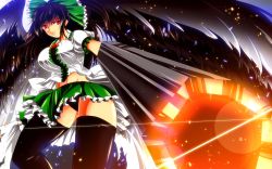 Rule 34 | 1girl, aiming, aiming at viewer, arm cannon, bad id, bad pixiv id, bird wings, black hair, black panties, black thighhighs, bow, breasts, cape, artistic error, glowing, hair bow, highres, large breasts, light particles, light trail, looking at viewer, midriff, miniskirt, nekominase, panties, pantyshot, parted lips, puffy short sleeves, puffy sleeves, red eyes, reiuji utsuho, short sleeves, skirt, solo, thighhighs, third eye, touhou, underwear, upskirt, weapon, wings