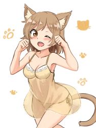 Rule 34 | 1girl, absurdres, animal ears, blush, breasts, brown eyes, brown hair, cat ears, cat girl, cat tail, chemise, cowboy shot, highres, lingerie, looking at viewer, medium breasts, one eye closed, open mouth, original, panties, paw pose, paw print, shiraha maru, side-tie panties, simple background, smile, solo, standing, tail, twitter username, underwear, underwear only, white background, yellow panties