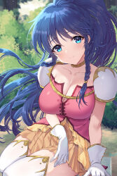 Rule 34 | 1girl, aqua eyes, awayuki ramika, blue hair, braid, breasts, bush, choker, cleavage, closed mouth, collarbone, commentary request, day, fire emblem, fire emblem: the sacred stones, gloves, grass, highres, leaf, long hair, looking at viewer, medium breasts, nintendo, outdoors, red shirt, shirt, shoulder guard, sitting, skirt, smile, solo, tana (fire emblem), thighhighs, twin braids, very long hair, white gloves, white thighhighs, yellow skirt