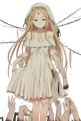 1girl abigail_williams_(fate) absurdres bare_shoulders blonde_hair blue_eyes breasts choker collarbone disembodied_hand dress fate/grand_order fate_(series) forehead ghost_hands highres keyhole long_hair mailixiang off_shoulder parted_bangs small_breasts smile solo veil white_background white_dress