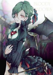 Rule 34 | 1boy, alternate costume, alternate eye color, baniito, black ribbon, blue ribbon, choker, collarbone, commentary request, demon wings, english text, from side, green hair, hair ornament, heart, highres, holding, holding staff, long hair, long sleeves, looking at viewer, male focus, mikaze ai, nail polish, red eyes, red nails, red ribbon, ribbon, solo, staff, uta no prince-sama, wings