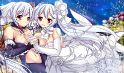 Rule 34 | 10s, 2girls, bare shoulders, black gloves, blush, breasts, bridal veil, bubble, cardfight!! vanguard, choker, cleavage, collarbone, crown, dress, elbow gloves, eyebrows, flower, gloves, hair flower, hair ornament, hat, holding hands, jewelry, long hair, looking at viewer, medium breasts, mermaid, midriff, mini hat, monster girl, multiple girls, navel, necklace, peaceful voice raindear, pink eyes, sheita, sleeveless, sleeveless dress, smile, sparkle, tail, twintails, underwater, veil, velvet voice raindear, very long hair, wedding dress, white gloves, white hair