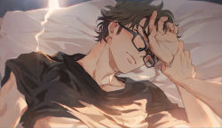 Rule 34 | 2boys, ace of diamond, black shirt, blush, brown eyes, brown hair, closed mouth, glasses, highres, holding, holding another&#039;s arm, looking at another, lying, male focus, miyuki kazuya, multiple boys, on back, on bed, pillow, sato (sato 1 11), sawamura eijun, shirt, short hair, sideburns, upper body, yaoi