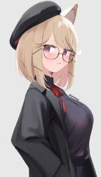Rule 34 | 1girl, animal ear fluff, animal ears, arknights, black-framed eyewear, black coat, black hat, black shirt, blonde hair, blush, breasts, closed mouth, coat, from side, glasses, hat, jacket, large breasts, long sleeves, looking at viewer, looking to the side, neck ribbon, official alternate costume, open clothes, open jacket, purple eyes, ribbon, shirt, short hair, simple background, skeptycally, solo, upper body, utage (arknights), utage (disguise) (arknights), white background