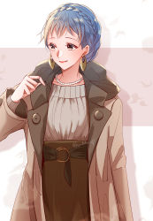 Rule 34 | 1girl, alternate costume, belt, blue hair, braid, brown eyes, brown jacket, brown skirt, buttons, closed mouth, commentary request, contemporary, crown braid, earrings, fire emblem, fire emblem: three houses, grey sweater, high-waist skirt, highres, hoop earrings, jacket, jewelry, lips, long sleeves, looking away, looking to the side, marianne von edmund, necklace, nintendo, open clothes, open jacket, pearl necklace, pink lips, short hair, skirt, smile, solo, sweater, twitter username, yutohiroya