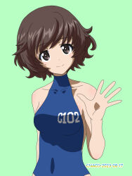 Rule 34 | 1girl, akiyama yukari, arm behind back, artist name, blue one-piece swimsuit, brown eyes, brown hair, closed mouth, clothes writing, comiket 102, commentary, covered navel, dated, girls und panzer, green background, halterneck, highres, looking at viewer, messy hair, naotosi, navel, one-piece swimsuit, school swimsuit, short hair, simple background, smile, solo, standing, swimsuit, waving