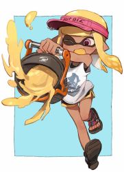 Rule 34 | 1girl, ;d, action, black footwear, black shorts, blue background, blunt bangs, blunt ends, clothes writing, colored tongue, dolphin shorts, fang, hat, hiking sandals, holding, holding weapon, inkling, inkling (language), inkling girl, inkling player character, leg up, long hair, nintendo, one eye closed, open mouth, orange hair, orange tongue, outside border, paint splatter, pink hat, pointy ears, print shirt, purple eyes, running, sandals, shirt, short shorts, shorts, slosher (splatoon), smile, solo, soto, splashing, splatoon (series), splatoon 2, standing, standing on one leg, tan, tank top, tentacle hair, visor cap, weapon, white shirt