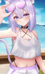 Rule 34 | 1girl, absurdres, animal ear fluff, animal ears, bare shoulders, bisumaru, black collar, blush, breasts, cat ears, cat girl, cat tail, cleavage, collar, crop top, cropped shirt, crossed bangs, hair between eyes, highres, hololive, large breasts, looking at viewer, midriff, navel, nekomata okayu, purple eyes, purple hair, shirt, short hair, sleeveless, sleeveless shirt, solo, tail, virtual youtuber, white shirt