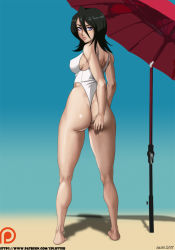 Rule 34 | 1girl, ass, ass grab, beach, beach umbrella, black hair, bleach, breasts, from behind, highleg, highleg swimsuit, highres, huge ass, kuchiki rukia, leotard, looking at viewer, looking back, one-piece swimsuit, outdoors, patreon username, purple eyes, short hair, solo, standing, swimsuit, thick thighs, thighs, thong, thong leotard, umbrella, watermark, web address, white one-piece swimsuit, wide hips, xplotter