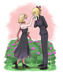 Rule 34 | 2girls, alice margatroid, alternate costume, arm behind back, bare shoulders, black dress, blonde hair, blush, breasts, closed eyes, commentary, commission, dress, english commentary, formal, frilled ribbon, frills, gloves, hairband, height difference, high heels, highres, kiss, kissing hand, mata (matasoup), medium breasts, multiple girls, necktie, pant suit, pants, purple ribbon, red eyes, red ribbon, ribbon, rose bush, short hair, sidelocks, size difference, strapless, strapless dress, suit, touhou, white gloves, yakumo yukari, yuri