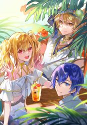 Rule 34 | 1girl, 2boys, absurdres, blonde hair, blue eyes, blue hair, closed mouth, commentary request, crop top, cup, drink, drinking straw, flower, gradient hair, highres, hood, hood up, jewelry, kaito (vocaloid), long hair, looking at viewer, multicolored hair, multiple boys, necklace, open mouth, orange eyes, orange flower, outdoors, pink eyes, pink hair, plant, poppoman, project sekai, shirt, short hair, short sleeves, sidelocks, skirt, smile, table, teeth, tenma saki, tenma tsukasa, twintails, upper teeth only, vocaloid, white shirt, white skirt, zettai zetsumei!? island panic! (project sekai)