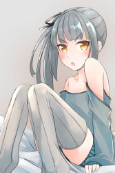 Rule 34 | &gt;:o, 10s, 1girl, :o, alternate costume, black ribbon, blush, casual, collarbone, comah, grey thighhighs, hair ribbon, kantai collection, kasumi (kancolle), kasumi kai ni (kancolle), long hair, long sleeves, looking at viewer, off shoulder, ribbon, side ponytail, silver hair, simple background, sleeves past wrists, solo, thighhighs, v-shaped eyebrows, yellow eyes