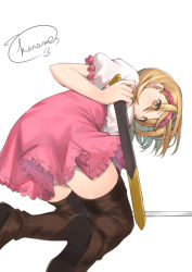 Rule 34 | 1girl, blonde hair, blush, boots, breasts, brown eyes, brown footwear, commentary request, djeeta (granblue fantasy), eyes visible through hair, granblue fantasy, hairband, holding, kaname (melaninusa09), looking at viewer, puffy short sleeves, puffy sleeves, short hair, short sleeves, simple background, smile, solo, thigh boots, thighhighs, white background
