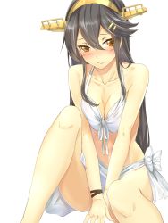 Rule 34 | 10s, 1girl, alternate costume, arm support, bare arms, bare legs, between legs, bikini, black hair, blush, breast press, breasts, cleavage, front-tie top, hair between eyes, hairband, hand between legs, haruna (kancolle), kantai collection, kyougoku touya, long hair, looking to the side, medium breasts, sarong, solo, swimsuit, thighs, white bikini, yellow eyes
