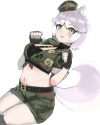 Rule 34 | 1girl, animal ears, bare arms, belt, black gloves, blue eyes, blush, camouflage, camouflage headwear, camouflage shirt, camouflage shorts, center opening, cropped shirt, dog (mixed breed) (kemono friends), dog ears, dog girl, dog tail, dutch angle, fingerless gloves, gloves, grey hair, hands up, harness, hat, heterochromia, highres, japari symbol, kemono friends, medium hair, midriff, multicolored hair, navel, official alternate costume, parted lips, paw pose, print shirt, print shorts, shibori kasu, shirt, short sleeves, shorts, sketch, smile, solo, stomach, tail, two-tone hair, v-shaped eyebrows, white hair, yellow eyes