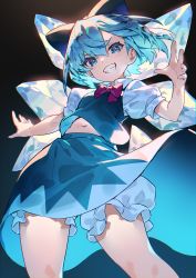 Rule 34 | 1girl, black background, bloomers, blue background, blue eyes, blue hair, blue skirt, blue vest, blush, bow, bowtie, cirno, commentary, cowboy shot, flat chest, gradient background, grin, hair between eyes, hair bow, highres, ice, ice wings, looking at viewer, midriff, midriff peek, navel, red bow, red bowtie, shirt, short hair, simple background, skirt, skirt set, smile, solo, touhou, u u zan, underwear, vest, white shirt, wings