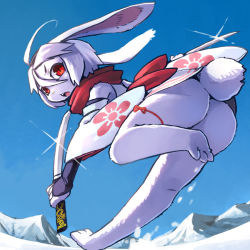 Rule 34 | 1girl, ass, bottomless, rabbit, furry, japanese clothes, kamukamu6392, no panties, open mouth, red eyes, short hair, sword, tail, weapon, white hair