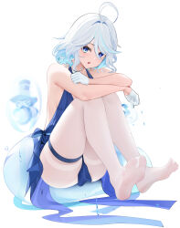 Rule 34 | 1girl, ascot, bare arms, bare shoulders, blue ascot, blue dress, blue hair, dress, drop-shaped pupils, feet, full body, furina (genshin impact), genshin impact, gloves, highres, knees up, legs, light blue hair, looking at viewer, mismatched pupils, multicolored hair, no bra, no shoes, open mouth, pantyhose, qing wu, soles, solo, spread toes, streaked hair, symbol-shaped pupils, toes, white gloves, white pantyhose