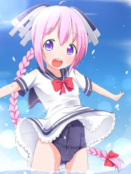 Rule 34 | 10s, 1girl, blue sky, bow, braid, day, dress, hair ornament, highres, kantai collection, long hair, low-tied long hair, machinery, makuran, nenohi (kancolle), open mouth, outstretched arms, personification, pink hair, purple eyes, sailor dress, school swimsuit, school uniform, see-through, serafuku, short sleeves, single braid, sky, smile, solo, swimsuit, swimsuit under clothes, very long hair, water, wet, wet clothes, wet dress, white dress, wind, wind lift
