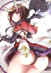 Rule 34 | 1girl, absurdres, artist request, ass, axe, blush, breasts, brown hair, capelet, dress, elbow gloves, eriko (princess connect!), from behind, from below, gloves, highres, horns, large breasts, looking at viewer, panties, princess connect!, purple eyes, shiny skin, short hair, sideboob, skirt, solo, tail, underwear, upskirt, weapon