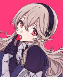 Rule 34 | 1girl, armor, armored dress, black hairband, blue cape, cape, closed mouth, commentary, corrin (female) (fire emblem), corrin (fire emblem), english commentary, fire emblem, fire emblem fates, gauntlets, gloves, grey hair, hair between eyes, hairband, heart, highres, holding, long hair, looking at viewer, nintendo, pink background, pointy ears, puffy sleeves, red eyes, roroichi, simple background, smile, solo, upper body, valentine