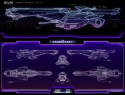 Rule 34 | battlecruiser (eve online), blueprint (medium), blueroguevyse, cannon, character sheet, commentary, concept art, copyright name, eve online, from side, hexagon, highres, honeycomb (pattern), lineart, logo, military vehicle, multiple views, no humans, original, purple theme, railgun, science fiction, spacecraft, thrusters, vehicle focus