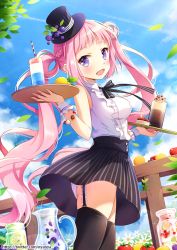 Rule 34 | 1girl, :d, black hat, black ribbon, black skirt, black thighhighs, blue sky, blunt bangs, bracelet, cloud, collared shirt, cup, daisy, day, drink, drinking glass, drinking straw, fence, flower, food, frilled shirt, frills, from below, fruit, garter straps, hat, hat ribbon, head tilt, ice cream, jar, jewelry, leaf, lens flare, long hair, looking at viewer, neck ribbon, nyanya, open mouth, original, outdoors, panties, pantyshot, pink hair, pitcher (container), purple eyes, ribbon, shirt, skirt, sky, sleeveless, sleeveless shirt, smile, solo, sparkle, standing, striped clothes, striped ribbon, striped skirt, sunlight, thighhighs, top hat, tray, twintails, underwear, vertical-striped clothes, vertical-striped skirt, very long hair, watermark, web address, white panties, white shirt, wing collar, wooden fence, wrist cuffs