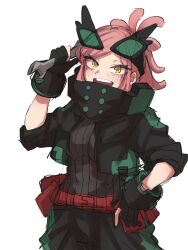 Rule 34 | 1girl, :d, black gloves, black jacket, blush, boku no hero academia, cosplay, cowboy shot, cropped jacket, ginjaeru, gloves, goggles, goggles on head, hatsume mei, highres, holding, holding wrench, jacket, looking at viewer, midoriya izuku, midoriya izuku (cosplay), open clothes, open jacket, open mouth, partially fingerless gloves, pink hair, smile, solo, symbol-shaped pupils, teeth, upper teeth only, white background, wrench, yellow eyes