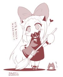 Rule 34 | 0 0, 1girl, abyssal ship, alternate costume, bow, broom, commentary request, contemporary, cosplay, covered mouth, dress, hair bow, heart, horns, jiji (majo no takkyuubin), kantai collection, kiki (majo no takkyuubin), kiki (majo no takkyuubin) (cosplay), long hair, majo no takkyuubin, mittens, monochrome, northern ocean princess, signature, sleeveless, sleeveless dress, solo, translation request, twitter username, very long hair, yamato nadeshiko