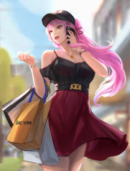 Rule 34 | 1girl, absurdres, bag, belt, black headwear, bracelet, brand name imitation, breasts, casual, cglas, cleavage, day, dress, highres, hololive, hololive english, huge filesize, jewelry, lipstick, long hair, makeup, medium breasts, mori calliope, necklace, outdoors, pink hair, red eyes, shopping bag, solo, standing, virtual youtuber, watch, wristwatch