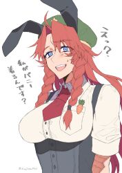 Rule 34 | 1girl, alternate costume, animal ears, beret, blue eyes, braid, breasts, carrot, fake animal ears, green hat, hat, hat ornament, highres, himadera, hong meiling, large breasts, long hair, medium breasts, necktie, rabbit ears, red hair, smile, solo, star (symbol), star hat ornament, touhou, translation request, upper body