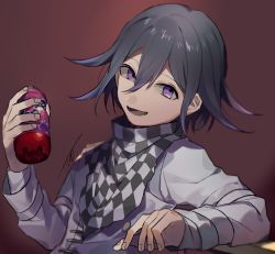 Rule 34 | 1boy, :d, black hair, bottle, brown background, checkered clothes, checkered scarf, commentary request, danganronpa (series), danganronpa v3: killing harmony, fanta, gradient background, grey jacket, hair between eyes, highres, holding, holding bottle, huyuharu0214, jacket, long sleeves, looking at viewer, lower teeth only, male focus, open mouth, oma kokichi, purple eyes, purple hair, scarf, short hair, signature, smile, solo, straitjacket, teeth, upper body