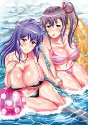 Rule 34 | 2girls, :o, amaya haruko, ball, bikini, bikini bottom only, black bikini, blue hair, blush, bow, breasts, cleavage, closed mouth, female focus, green eyes, groin, haikawa hemlen, hair between eyes, hand on own chest, hand up, happy, huge breasts, innertube, jewelry, large breasts, legs, long hair, looking at viewer, maken-ki!, multiple girls, navel, necklace, nijou aki, ocean, outdoors, parted lips, partially submerged, pink bow, purple hair, red eyes, side ponytail, sitting, smile, striped bikini, striped clothes, swim ring, swimsuit, thighs, water, wet