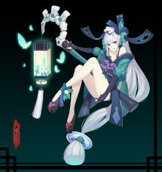 Rule 34 | 1girl, absurdly long hair, absurdres, aoandon, bare shoulders, blue eyes, blue lips, blue nails, blunt bangs, bone, bow, bug, butterfly, colored skin, covering privates, covering ass, flying, full body, gloves, hair ornament, highres, insect, japanese clothes, lantern, legs, long hair, looking at viewer, low-tied long hair, nail polish, off shoulder, onmyoji, partially fingerless gloves, solo, staff, very long hair, white hair, white skin, zxj