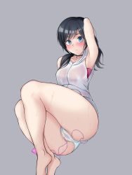 Rule 34 | 1girl, amano hina (tenki no ko), arm behind head, arm up, armpits, ass, ban sh ee, barefoot, black choker, black hair, blue eyes, blush, breasts, choker, closed mouth, collarbone, controller, female focus, grey background, highres, jacket, legs, legs together, looking at viewer, medium breasts, medium hair, object insertion, panties, red shirt, remote control, remote control vibrator, see-through, sex toy, shirt, simple background, sitting, sleeveless, sleeveless jacket, solo, sweat, swept bangs, tenki no ko, thick thighs, thighs, twintails, underwear, vaginal, vaginal object insertion, vibrator, vibrator cord, wet, wet clothes, wet panties, white jacket, white panties