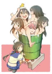 Rule 34 | 10s, 6+girls, :d, ahoge, arashio (kancolle), arm up, barefoot, barrel, bathing, black hair, breast press, breasts, brown eyes, brown hair, butt crack, character request, choukai (kancolle), drum (container), empty eyes, from behind, glasses, green eyes, hair between eyes, hair ornament, hairclip, i-58 (kancolle), jpeg artifacts, kako (kancolle), kantai collection, long hair, looking back, maya (kancolle), medium breasts, multiple girls, nagato (kancolle), nonco, open mouth, partially submerged, pink eyes, pink hair, pleated skirt, rubber duck, sideboob, simple background, skirt, small breasts, smile, squatting, towel, towel on head, wet