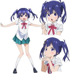 Rule 34 | 10s, 1girl, artist request, blue hair, character sheet, expressions, hair ornament, hairclip, kusanagi yuma, lowres, multiple views, official art, purple eyes, purple hair, school uniform, simple background, soushin shoujo matoi, transparent background, twintails, white background