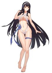 Rule 34 | 1girl, absurdres, barefoot, black hair, blouse, breasts, casual one-piece swimsuit, cleavage, full body, girls&#039; frontline, hairband, highleg, highleg swimsuit, highres, long hair, looking at viewer, ninsaki (9saki), one-piece swimsuit, open clothes, open shirt, shirt, simple background, skindentation, slingshot swimsuit, smile, solo, standing, swimsuit, thigh strap, transparent background, type 95 (girls&#039; frontline), very long hair, white background, white hairband, white shirt, yellow eyes