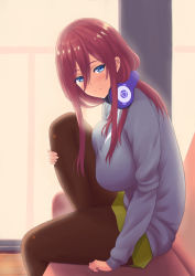 Rule 34 | 1girl, black pantyhose, blue cardigan, blue eyes, blush, breasts, brown hair, cardigan, closed mouth, commentary request, couch, go-toubun no hanayome, green skirt, hair between eyes, headphones, headphones around neck, large breasts, leg up, long hair, looking at viewer, nakano miku, pantyhose, pleated skirt, red hair, shirt, sitting, skirt, smile, solo, tile floor, tiles, tono munekage, white shirt