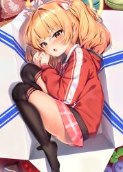 Rule 34 | 1girl, absurdres, black thighhighs, blonde hair, blue archive, blush, brown eyes, hair ribbon, halo, highres, hood, hooded jacket, jacket, jiyasu, long sleeves, looking at viewer, miniskirt, open mouth, pink skirt, red jacket, ribbon, skirt, solo, thighhighs, track jacket, twintails, yoshimi (blue archive)