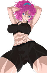 Rule 34 | 1girl, abs, absurdres, arms behind head, arms up, bike shorts, black shorts, blue eyes, breasts, cleft of venus, clothes, covered erect nipples, female focus, highres, hunter x hunter, j.h., large breasts, long hair, looking at viewer, machi komacine, muscular, muscular female, partially undressed, pink hair, ponytail, shorts, simple background, solo, white background