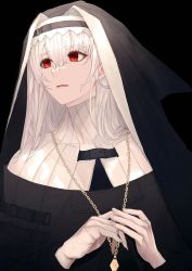 Rule 34 | 1girl, absurdres, arknights, black background, black capelet, black dress, black headwear, black sweater, capelet, chain necklace, cloak, closed mouth, commentary, dress, habit, hair between eyes, highres, hisamichi (hisamichi1373), jewelry, long hair, looking away, necklace, nun, red eyes, ribbed sweater, silver hair, simple background, solo, specter (arknights), sweater, upper body