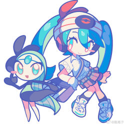 Rule 34 | 1girl, aqua eyes, aqua hair, bag, chinese commentary, closed mouth, collared shirt, commentary request, creatures (company), full body, game freak, gen 5 pokemon, gloves, hatsune miku, headphones, highres, horrorratman, legendary pokemon, long hair, meloetta, meloetta (aria), mythical pokemon, nintendo, pleated skirt, pokemon, pokemon (creature), project voltage, psychic miku (project voltage), shirt, short sleeves, shoulder bag, simple background, single glove, skirt, smile, twintails, vocaloid, white background, white gloves, white headwear, white shirt