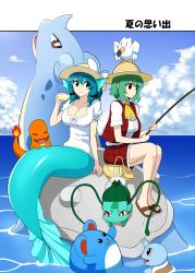 Rule 34 | 2girls, bare legs, blouse, bow, breasts, bulbasaur, charmander, cleavage, cloud, commentary, creatures (company), day, drill hair, eating, fins, fishing rod, flame-tipped tail, food, game freak, gen 1 pokemon, gen 2 pokemon, gen 3 pokemon, hat, hat bow, head fins, highres, kazami yuuka, lapras, large breasts, marill, mattari yufi, mermaid, miniskirt, monster girl, multiple girls, nintendo, outdoors, pokemon, pokemon (creature), puffy short sleeves, puffy sleeves, sandals, sandwich, shirt, short sleeves, sitting, skirt, sky, smile, squirtle, starter pokemon trio, touhou, trembling, wakasagihime, water, white shirt, wingull